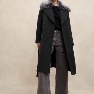NWT Banana Republic Factory Black Trench Coat with Gray Fur Collar